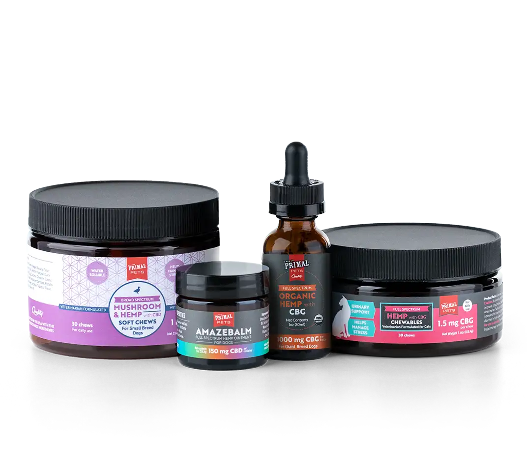Primal pet supplements product line up - including soft chews for dogs and cats, amazebalm and cbg oil for dogs.
